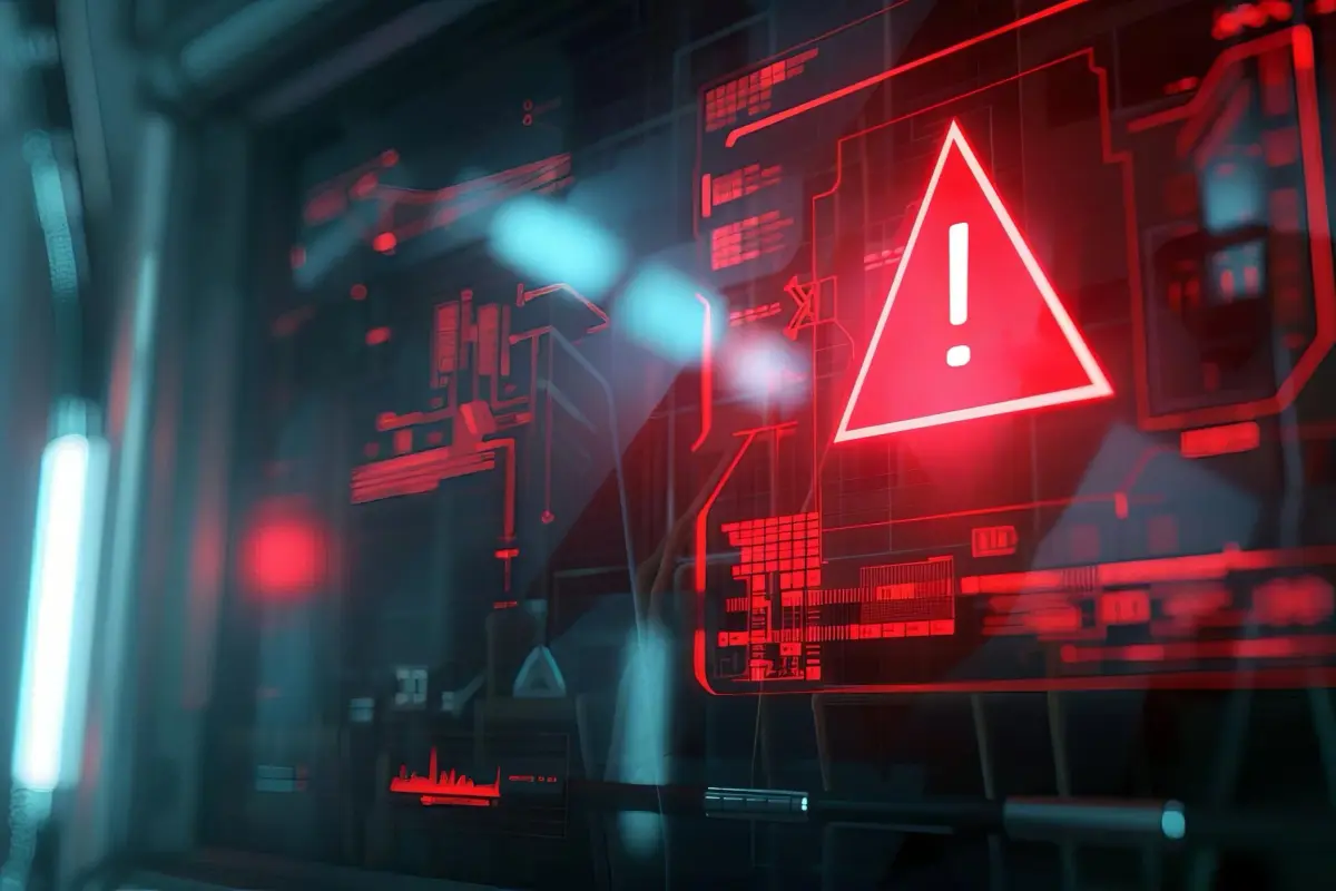 Red warning triangle on a digital security screen