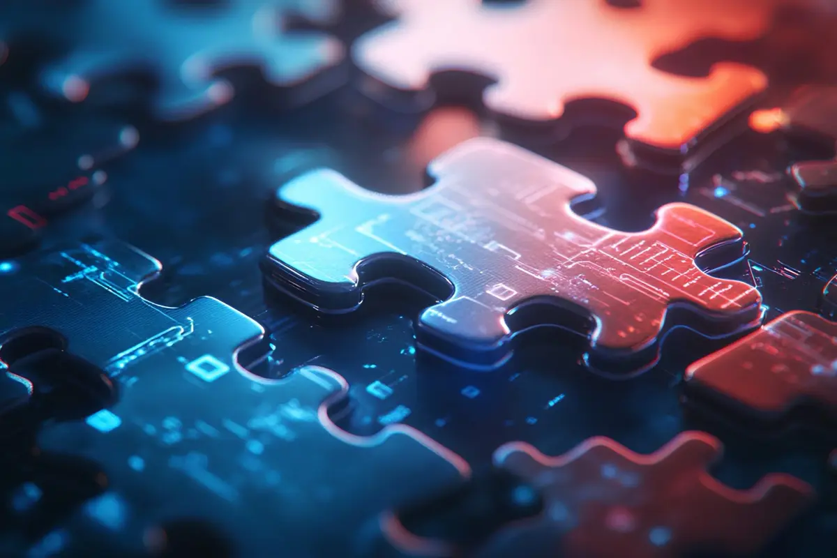 Glowing puzzle pieces fitting together on a circuit-patterned surface