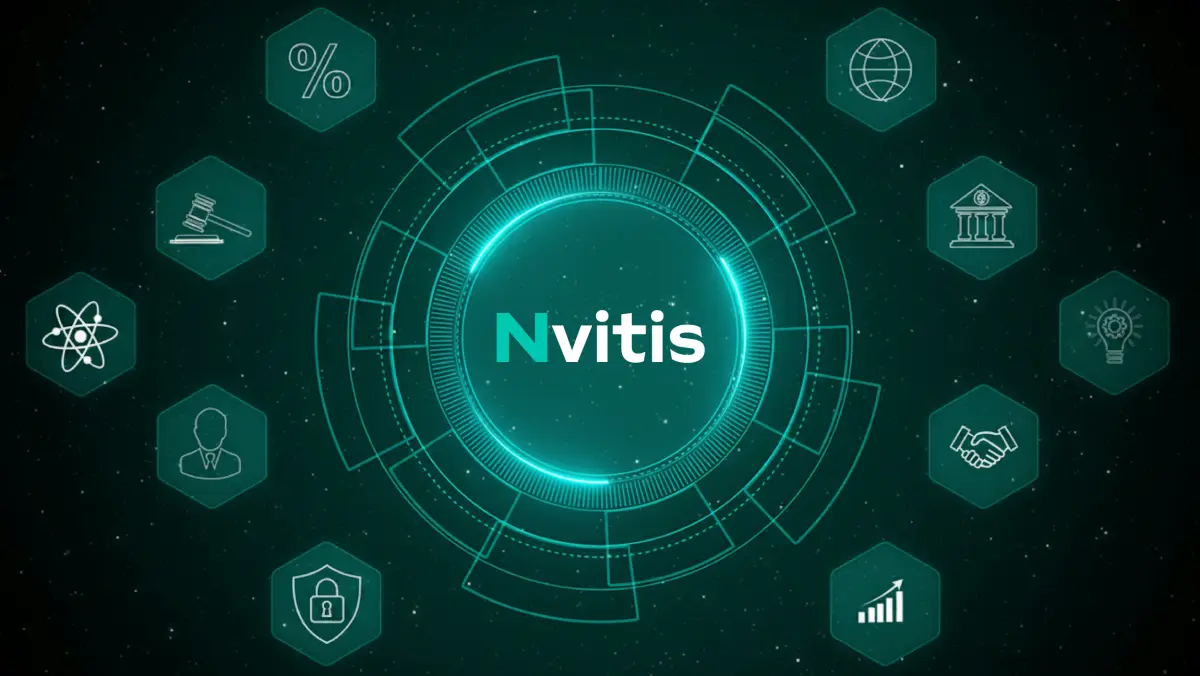 Nvitis logo at the center of connected icons for finance, government, legal, science and partnerships