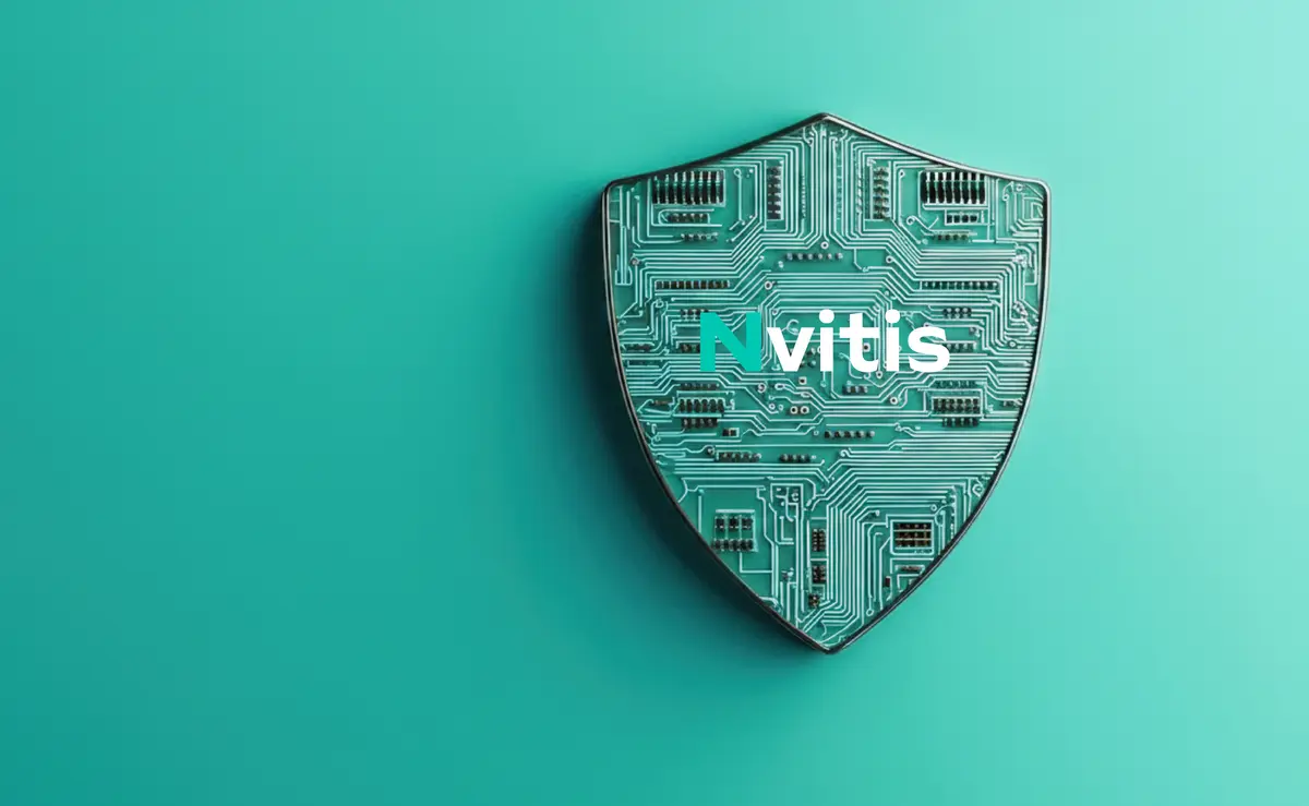 Circuit-patterned shield with the Nvitis logo on a teal background