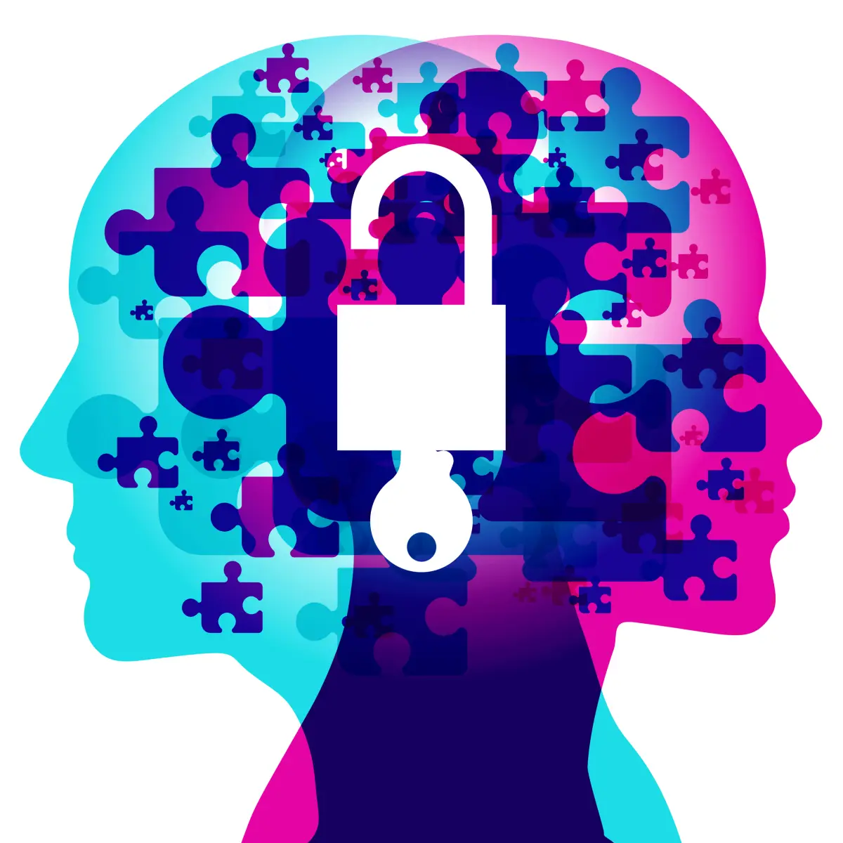 Two head silhouettes made of puzzle pieces with a padlock, representing protected institutional memory