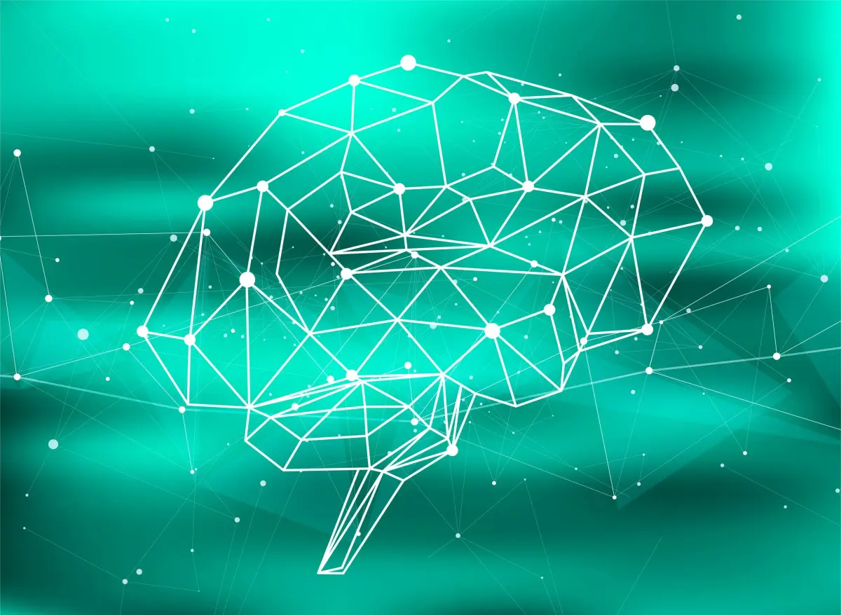 Wireframe brain on a teal background